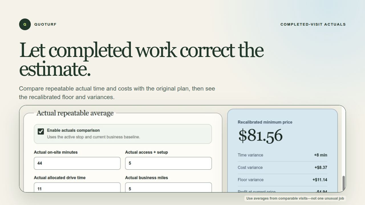 Quoturf actual-visit review comparing estimated and completed lawn-care work