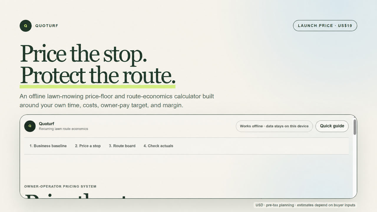 Quoturf software showing a recurring lawn stop and its exact modeled price floor